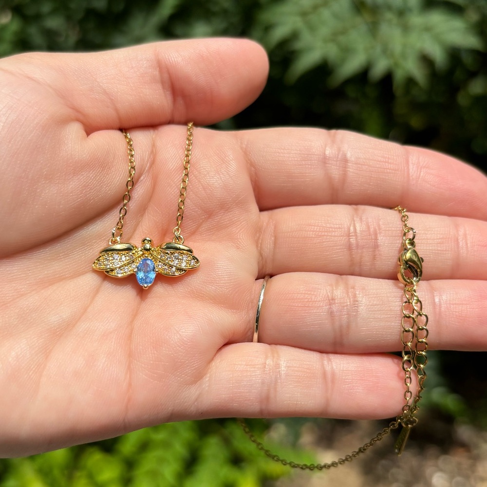 18K Gold Plated Stainless Steel Blue Diamond Beetle Necklace